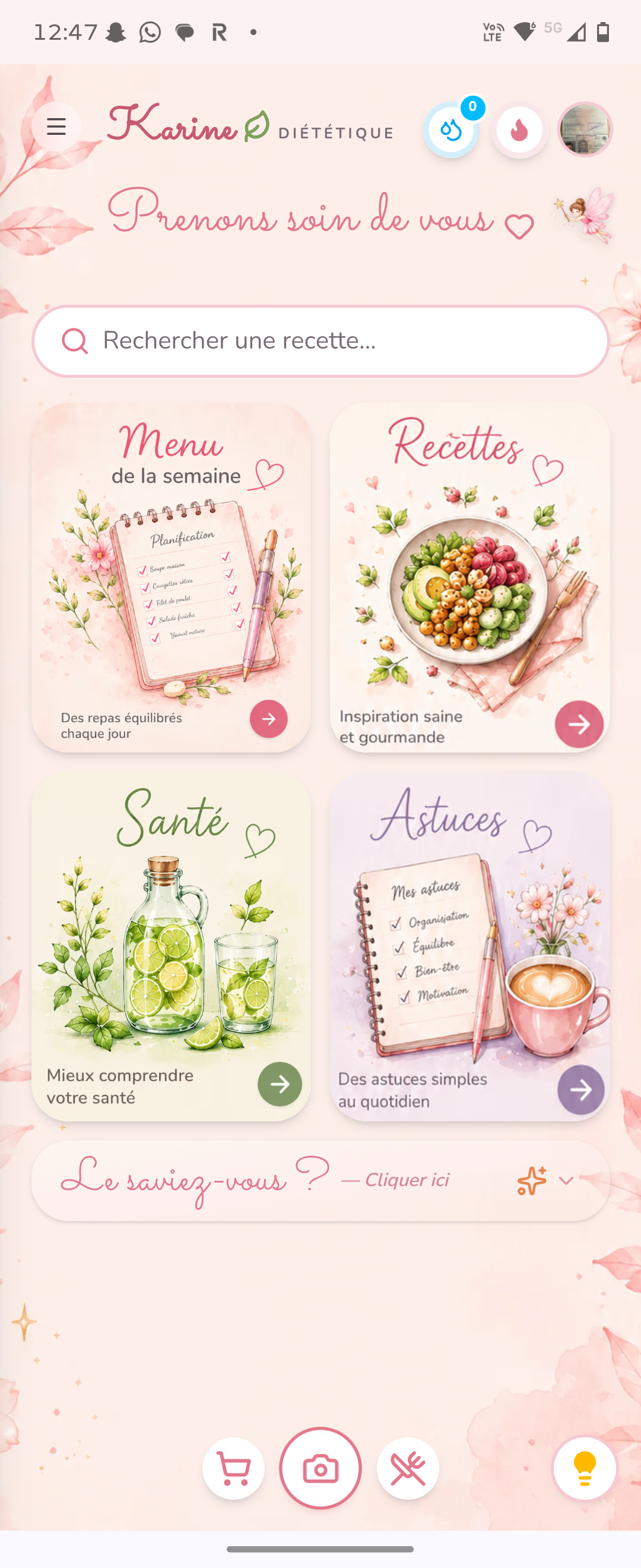 Écran d'accueil de l'application